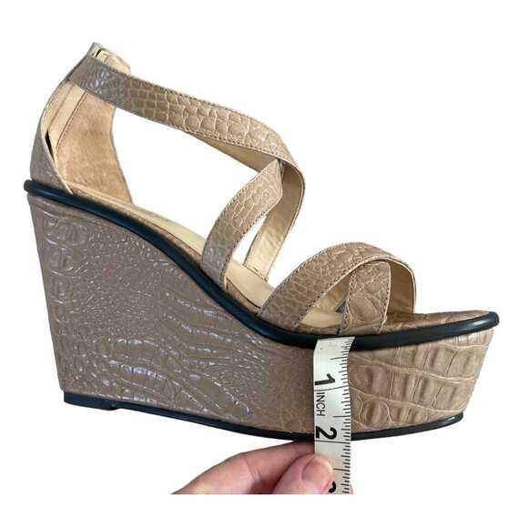 Talbots Strappy Sandals Wedge Platform Back‎ Zip Croc Embossed Taupe 8.5 $159 - Picture 5 of 8